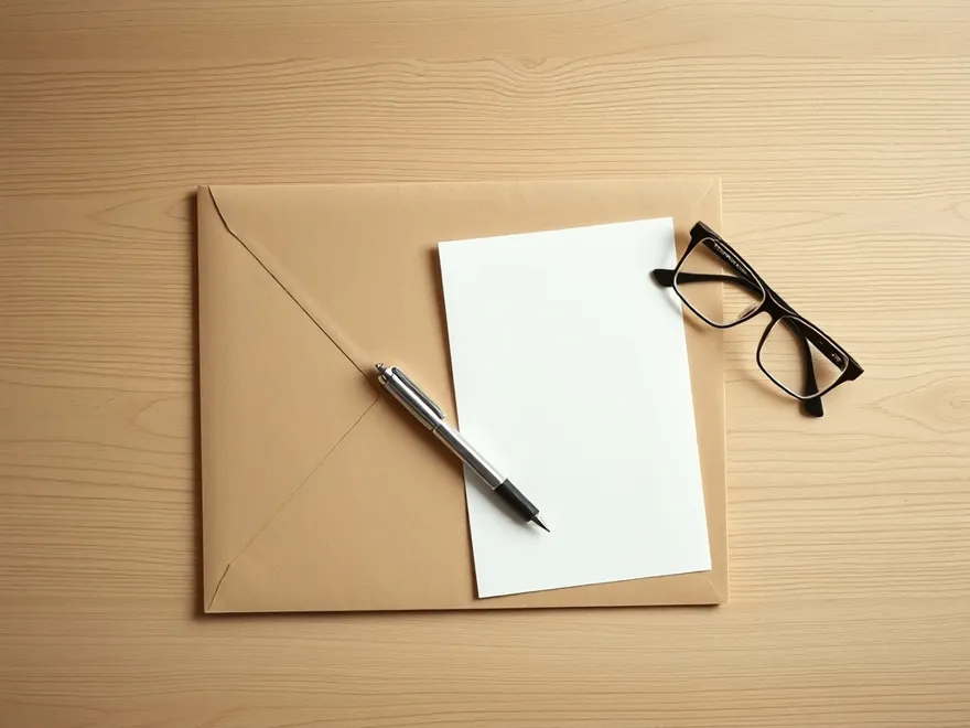 Overhead view of a plain desk with an unbranded folder, a blank notepad, a pen and reading glasses